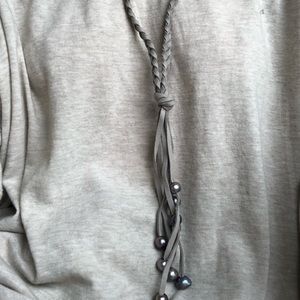 Gray braided leather necklace w/ tahitian pearls
